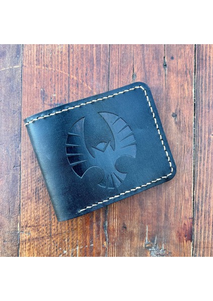 El Yapımı Baykuş Desenli Siyah Deri Bifold Cüzdan Kartlık