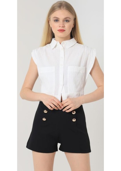 Yagmur Beren Süs Düğmeli Bürümcük Kumaş Şort modelleri