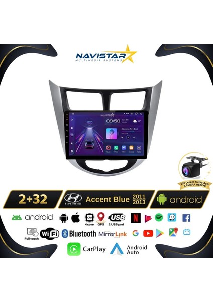 Hyundai Accent Blue 2011-2013 Model 2+32GB Android 13 Kablosuz