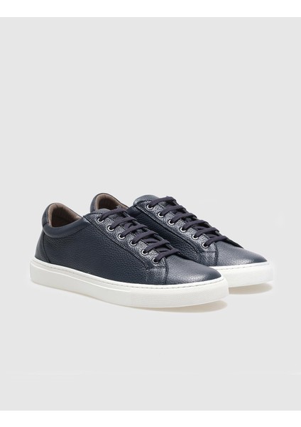 Deri Lacivert Bağcıklı Erkek Sneaker