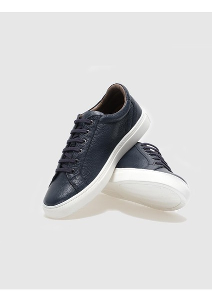 Deri Lacivert Bağcıklı Erkek Sneaker