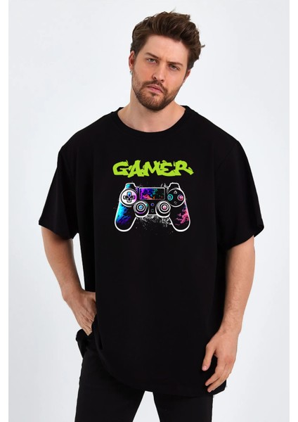 Gamer Baskılı Sıfır Yaka Unisex Oversize Tişört