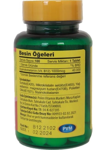 B12 Vitamini 1000 mcg 100 Tablet