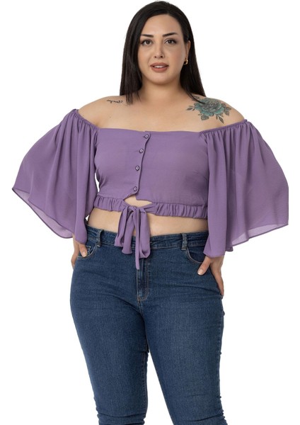Büyük Beden Geniş Kollu Beli Lastik Büzgülü Crop Lila Bluz