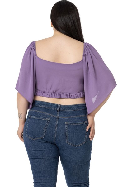 Büyük Beden Geniş Kollu Beli Lastik Büzgülü Crop Lila Bluz modelleri