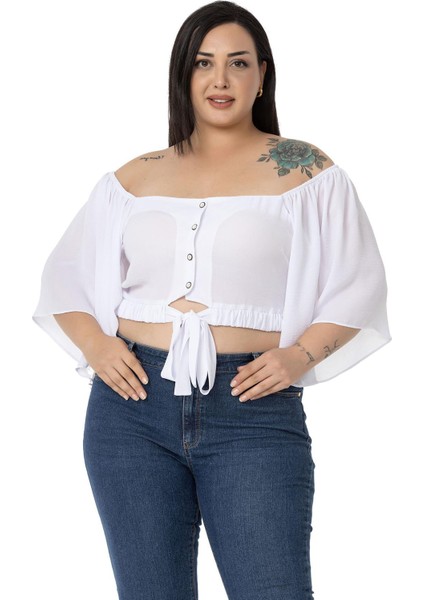 Büyük Beden Geniş Kollu Beli Lastik Büzgülü Crop Beyaz Bluz