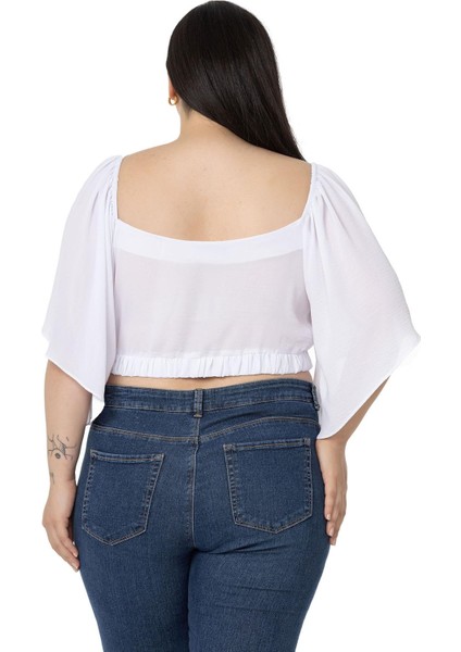 Büyük Beden Geniş Kollu Beli Lastik Büzgülü Crop Beyaz Bluz modelleri