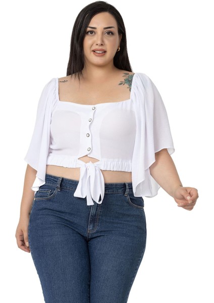 Büyük Beden Geniş Kollu Beli Lastik Büzgülü Crop Beyaz Bluz fırsatları