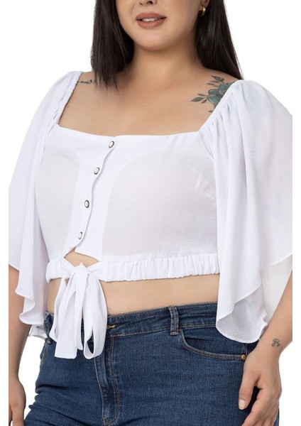 Büyük Beden Geniş Kollu Beli Lastik Büzgülü Crop Beyaz Bluz indirimleri