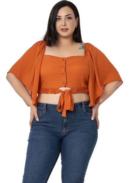 Büyük Beden Geniş Kollu Beli Lastik Büzgülü Crop Kiremit Bluz