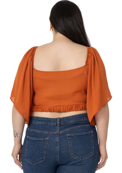 Büyük Beden Geniş Kollu Beli Lastik Büzgülü Crop Kiremit Bluz modelleri