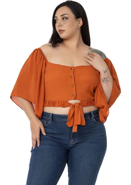 Büyük Beden Geniş Kollu Beli Lastik Büzgülü Crop Kiremit Bluz fırsatları