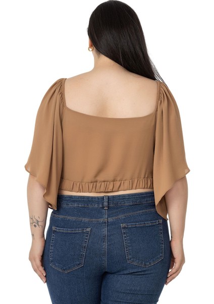 Büyük Beden Geniş Kollu Beli Lastik Büzgülü Crop Camel Bluz modelleri
