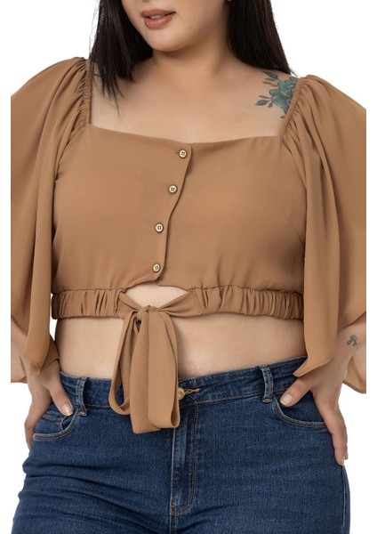 Büyük Beden Geniş Kollu Beli Lastik Büzgülü Crop Camel Bluz indirimleri