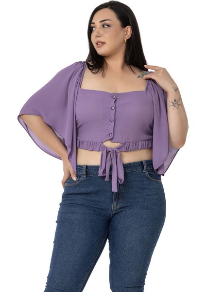 Büyük Beden Geniş Kollu Beli Lastik Büzgülü Crop Lila Bluz fırsatları