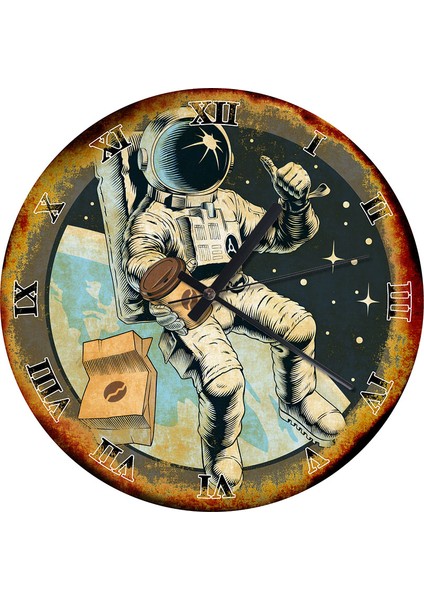 Astronotun Kahve Keyfi Ahşap Duvar Saati