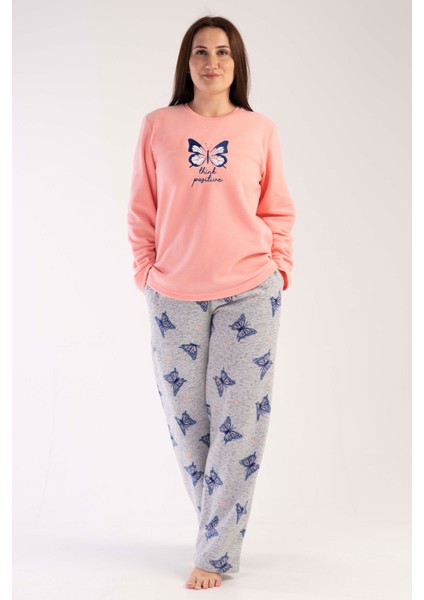 Kadın Polar Büyük Beden Uzun Kol Ceblı Pijama Takım