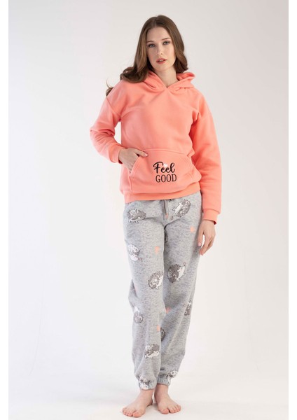 Kadın Polar Kapsonlu Düşük Omuzlu Uzun Kol Kanguru Ceblı Pacası Pijama Takım