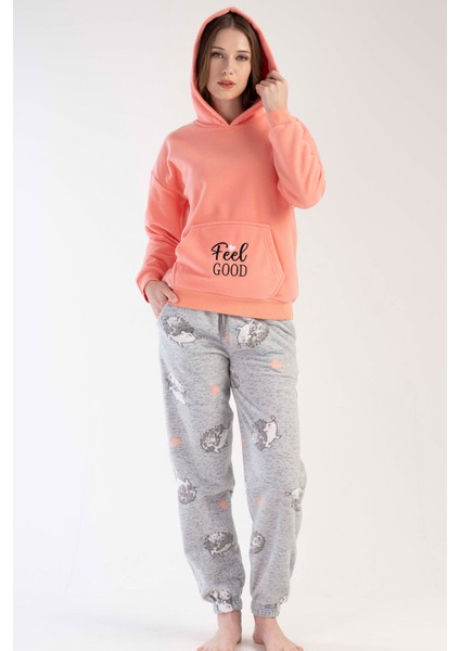 Kadın Polar Kapsonlu Düşük Omuzlu Uzun Kol Kanguru Ceblı Pacası Pijama Takım