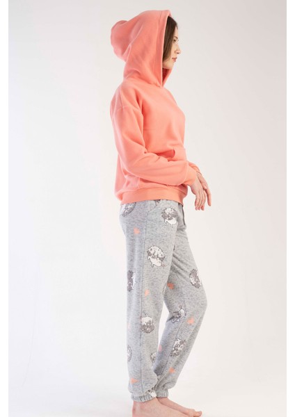 Kadın Polar Kapsonlu Düşük Omuzlu Uzun Kol Kanguru Ceblı Pacası Pijama Takım