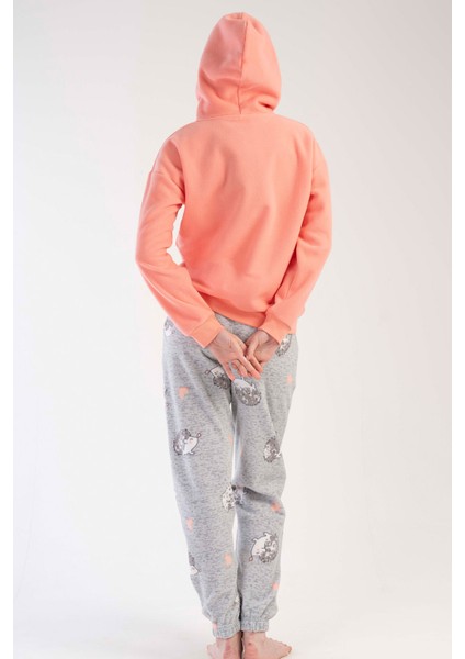 Kadın Polar Kapsonlu Düşük Omuzlu Uzun Kol Kanguru Ceblı Pacası Pijama Takım