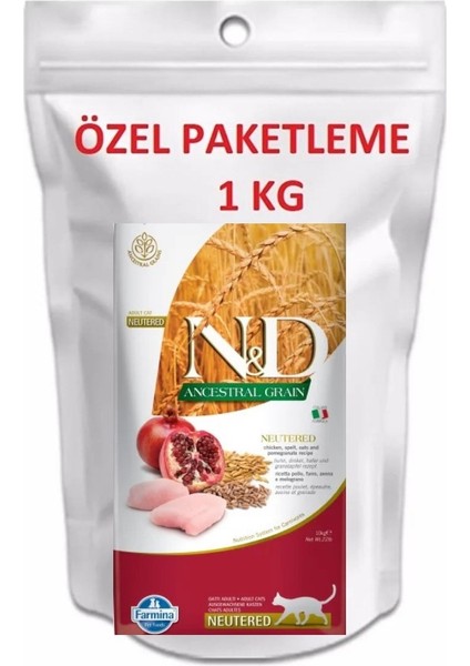 Ancestral Graın (Düşük Tahıllı) Tavuk & Nar 1 kg Doypack Ambalaj Kısır Kedi Maması