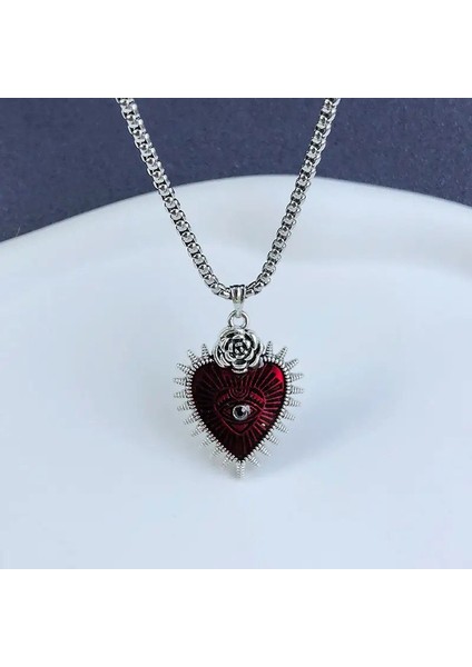 Rose Eye Of Heart Gotik Kalp Paslanmaz Çelik Kolye Kırmızı