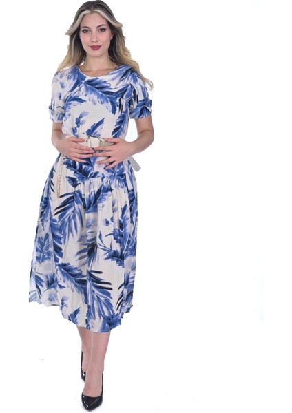 Modatalıka Kadın Yaprak Desenli Keten Yırtmaçlı Elbise