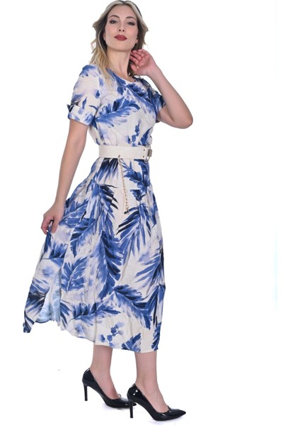 Modatalıka Kadın Yaprak Desenli Keten Yırtmaçlı Elbise modelleri