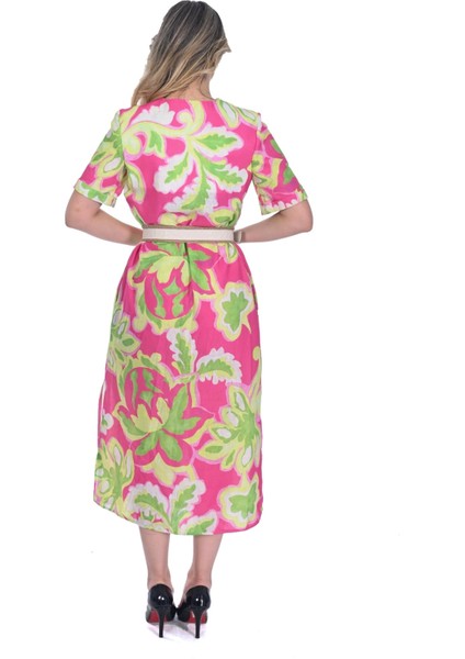 Kadın Renkli Midi Boy Iki Yandan Yırtmaçlı Elbise