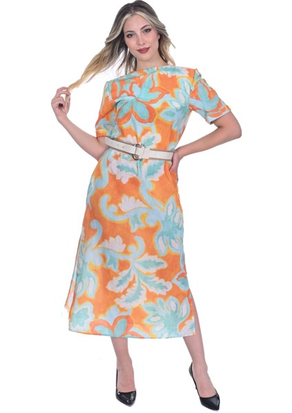 Kadın Renkli Midi Boy Iki Yandan Yırtmaçlı Elbise indirimleri