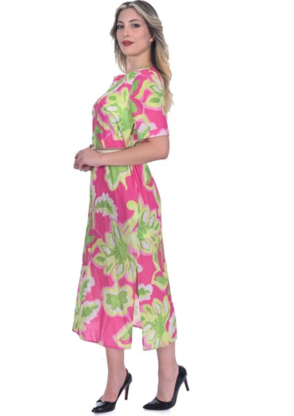 Kadın Renkli Midi Boy Iki Yandan Yırtmaçlı Elbise modelleri