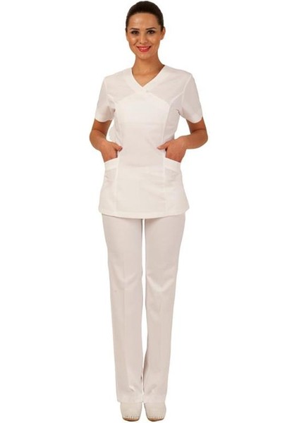 Doktor Hemşire Beyaz Kapalı Nervülü Takım Uniforma