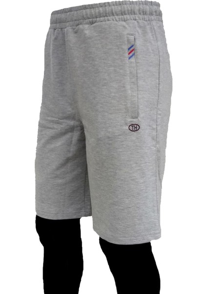 Erkek Gri Melanj Beli Lastikli Fermuarlı Cepli Iki Iplik Pamuklu Spor Şort EDY5109G