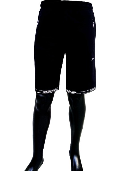 Trendhıll Erkek Lacivert Beli Lastikli Fermuarlı Cepli Iki Iplik Pamuklu Spor Şort EDY5113L