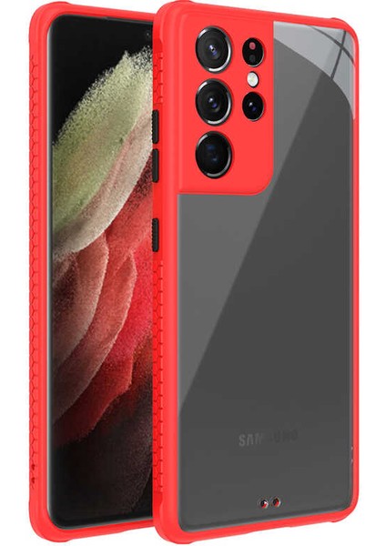 Samsung Galaxy S21 Ultra Kılıf Köşe ve Kamera Korumalı Arkası Şeffaf Renkli Tuşlu Silikon Kapak (Kaff)