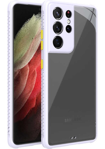 Samsung Galaxy S21 Ultra Kılıf Köşe ve Kamera Korumalı Arkası Şeffaf Renkli Tuşlu Silikon Kapak (Kaff)