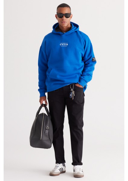 Erkek Mavi Oversize Fit Bol Kesim Kapüşonlu Içi Polarlı 3 Iplik Pamuklu Sweatshirt