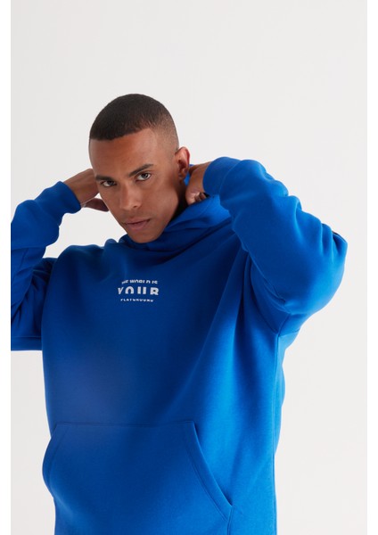 Erkek Mavi Oversize Fit Bol Kesim Kapüşonlu Içi Polarlı 3 Iplik Pamuklu Sweatshirt
