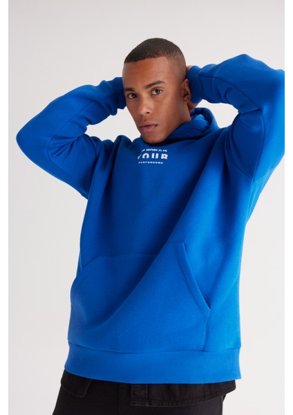 Erkek Mavi Oversize Fit Bol Kesim Kapüşonlu Içi Polarlı 3 Iplik Pamuklu Sweatshirt