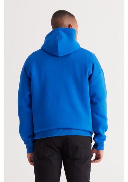 Erkek Mavi Oversize Fit Bol Kesim Kapüşonlu Içi Polarlı 3 Iplik Pamuklu Sweatshirt