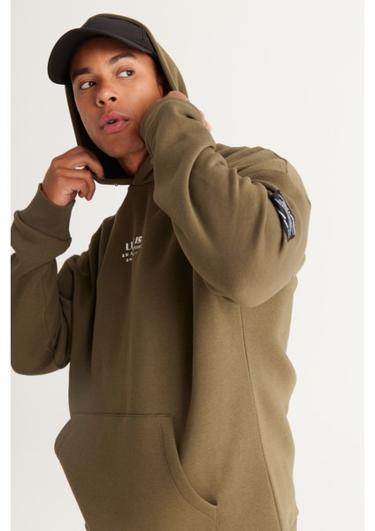 Erkek Haki Oversize Fit Bol Kesim Kapüşonlu Içi Polarlı 3 Iplik Pamuklu Sweatshirt