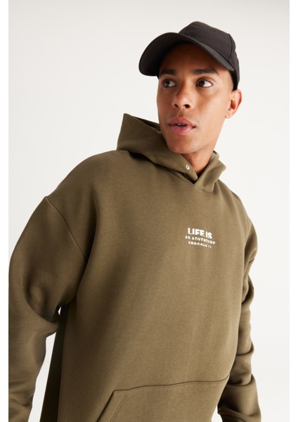 Erkek Haki Oversize Fit Bol Kesim Kapüşonlu Içi Polarlı 3 Iplik Pamuklu Sweatshirt