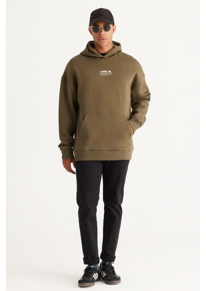 Erkek Haki Oversize Fit Bol Kesim Kapüşonlu Içi Polarlı 3 Iplik Pamuklu Sweatshirt