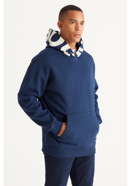 Erkek Lacivert Oversize Fit Bol Kesim Kapüşonlu İçi Polarlı Pamuklu Kapüşonlu Sweatshirt