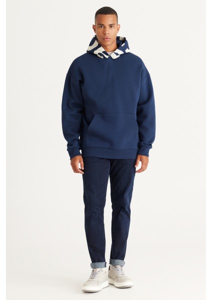 Erkek Lacivert Oversize Fit Bol Kesim Kapüşonlu İçi Polarlı Pamuklu Kapüşonlu Sweatshirt
