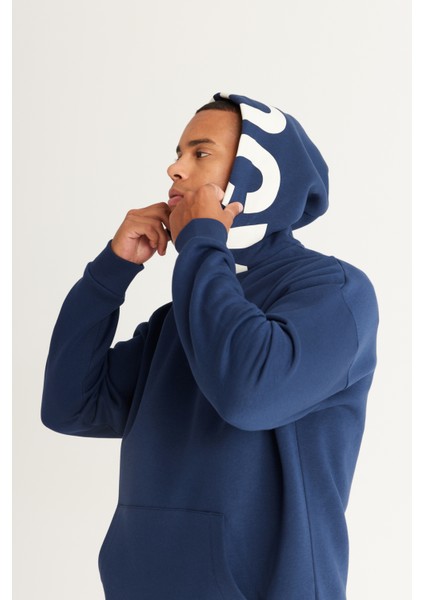 Erkek Lacivert Oversize Fit Bol Kesim Kapüşonlu İçi Polarlı Pamuklu Kapüşonlu Sweatshirt