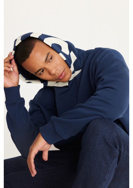 Erkek Lacivert Oversize Fit Bol Kesim Kapüşonlu İçi Polarlı Pamuklu Kapüşonlu Sweatshirt