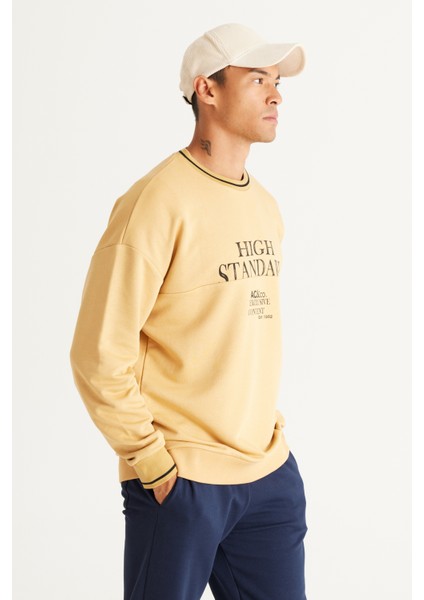 Erkek Hardal Oversize Fit Bol Kesim Kapüşonlu Içi Polarlı 3 Iplik Pamuklu Sweatshirt