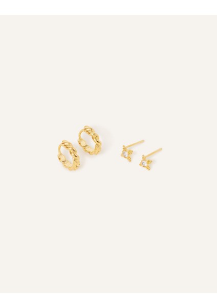 Altın Kaplama Kristal Detaylı Küpe Seti 2'li Paket